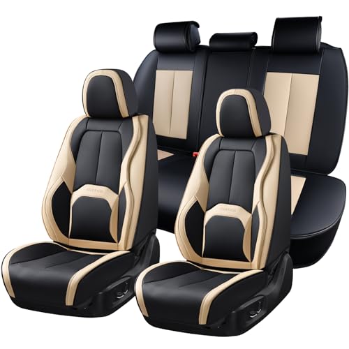 Image of Coverado Car Seat Covers, Leather Seat Covers Full Set, Waterproof Car Seat Protector with Lumbar Support, Automotive Seat Covers Seat Cushions Universal Fit for Most Cars SUV Trucks, (Black&Beige)