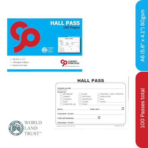 Cherry Hall Pass Pad | 100 Pages | 54 lb Paper | 5.8\" x 4.1\" | Glued at Head | Durable Student Hall Pass Record Book | Eco-Friendly Carbon Balanced Paper