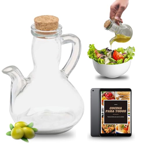 CAVECA Aceitera de Cristal Antigoteo para Cocina de 300ml y Tapón de Corcho + REGALO, Aceitera Tradicional de Vidrio 100% Reciclado y Fabricada en España, Dispensador de Aceite Cocina, Botella Cristal