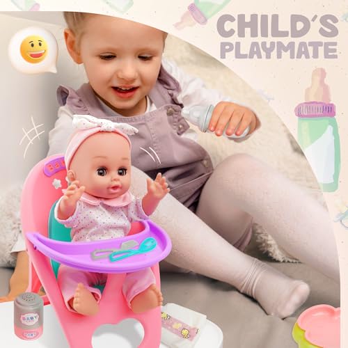 14\" Baby Doll, Dolls Play Set with Open/Close Eyes | 15 Piece Gift Set with Bottle, High Chair, Pacifier & Accessories | First Baby Dolls for Kids Ages 3 and Up