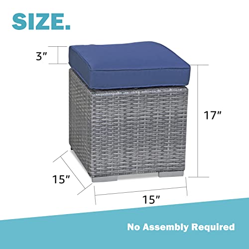 Patiorama 2 Pieces Assembled Outdoor Patio Ottoman, Indoor Outdoor All-Weather Grey Wicker Rattan Outdoor Footstool Footrest Seat w/Navy Blue Cushions,Outdoor Ottoman for Patio,No Assembly Required - Thumbnail 3
