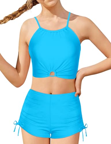 Image of BAVADER Girls Swimsuit 2 Pcs Solid Color Cutout Tankini with Shorts Drawstring Bathing Suit for Girls Swimwear 7-14Y