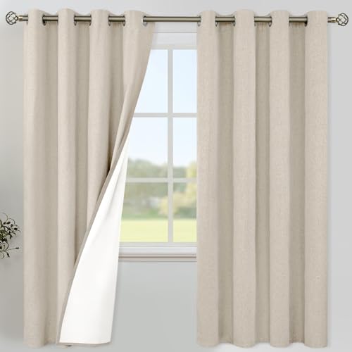 Image of YoungsTex Oatmeal Linen 100% Blackout Curtains 72 Inch Length for Bedroom, Full Room Darkening Thermal Insulated Drapes with Grommet for Living Room, 2 Panels, 52 X 72 Inch