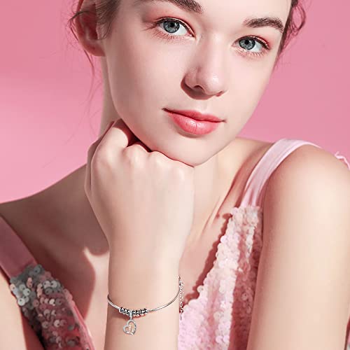 Image of PROESS Father Mother Daughter Charm fit Charms Bracelet Sterling Silver Charms for Bracelets Birthday Valentines Day Gifts for Daughter Mother Lover