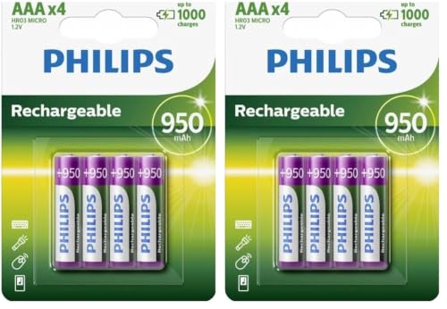 PHILIPS Pilas AAA - Pilas Recargables HR03 - NiMH 1.2V - 1000 Recargas - 950mAh (Paquete de 2)