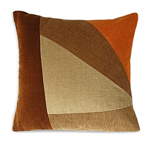 Image of Encasa XO Chenille Cushion Covers (Pack of 1) with Patchwork 50x50 cm - Mix & Match Pillow Covers in Bright Colours for Living Room, Sofa, Bedroom - Orange + Browns