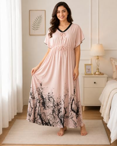 Image of Noty Women's Kaftan Nighty | Digital Print | Sarena Fabric | V Shaped Neck Nightwear | Nightdress for Girl