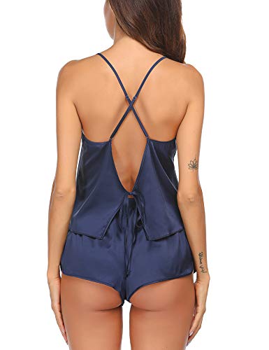 Image of Ekouaer Silk Pajamas Set for Women Satin Backless Lingerie Pjs Cami Top and Shorts Nightwear
