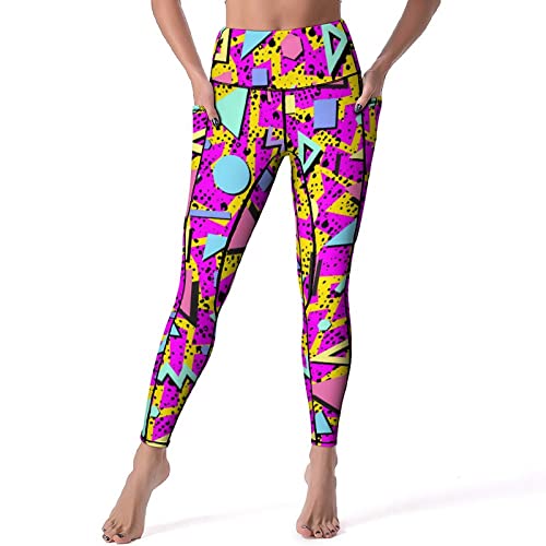 Skt T1 High Waisted 80S 90S Leggings For Women, Retro Neon 80S Or 90S Geometry Pink Yellow Yoga Pants With Pockets, Tummy Control Workout Sports Athletic Running Cycling Track Pants Activewear M #TOP10