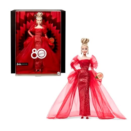 Barbie Signature 80° Anniversario Mattel, bambola bionda da collezione in abito in tulle rosso scintillante con orecchini a goccia e guanti velati, giocattolo per bambini, 6+ anni, JBJ17