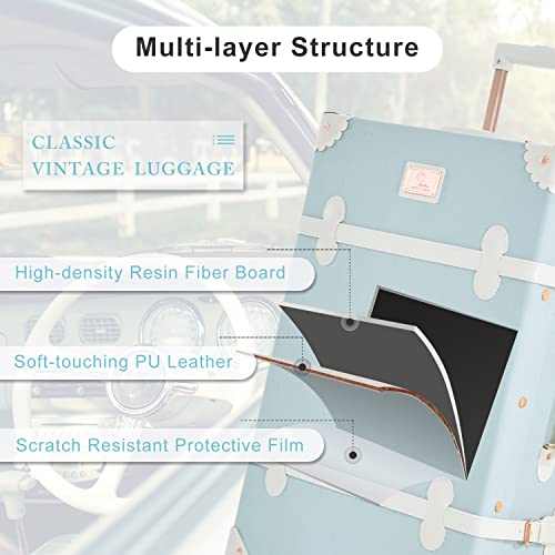 7998 Bundle Vintage Trunk Luggage Set Of 3 Piece, Retro Travel Suitcase For Women With Wheels And Tsa Key Lock (Embossed Blue, 26"+20"+12") #TOP3