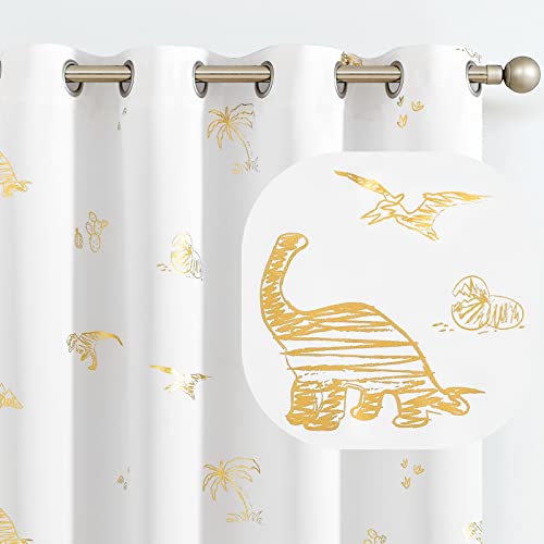 jinchan Dinosaur Curtains for Kids Room Gold Foil Print Thermal Insulated Curtains Light Reducing Curtains for Nursery Grommet 84 inches Long White Dino Curtains for Boys Girls Bedroom 2 Panels