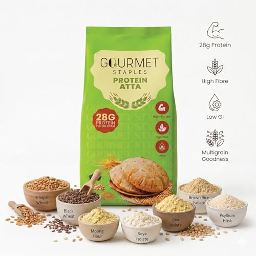 Image of Gourmet Staples Protein Atta (Pack of 2), 28g Protein Per 100g, 11g Protein Per Roti, Black Wheat, Pea Isolate, Soy Isolate & Brown Rice Isolate, High Fibre, Low GI, No Preservatives, Zero Additives, Soft & Fluffy Rotis, For Weight Management & Muscle Support