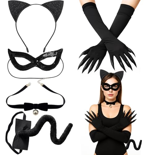 QckZee 5-teiliges Katzenkostüm Damen Set – Katzenohren Haarreif, Katzenschwanz, Handschuhe, Maske & Halsband – Cosplay Zubehör für Erwachsene, Halloween Verkleidung & Rollenspiel