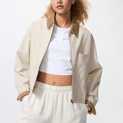 Womens Cropped Bomber Jacket Corduroy Collar Barn Coat Lightweight Utility Zip Up Cotton Canvas Workwear2