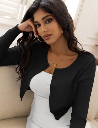 Image of Women's Cropped Cardigan Sweaters Crew Neck Button Down Open Front Knit Bolero Shrugs