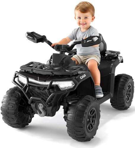 Elektro Quad Für Kinder 12V Mit Fernbedienung, 2 Motoren, Federung, LED Scheinwerfer, Bluetooth, Musik, USB, Lernfunktion, Lautstärkeregelung, ATV 4-Rad Offroad Fahrzeug Mit LED Fahne, Ab 3 Jahren