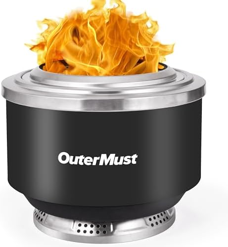 OuterMust 24 Inch Smokeless Fire Pit for Outside with Deck Safe Stand Wood Burning Outdoor Fireplace with Ash Pan for 5-7 Persons Stainless Steel Portable Bonfire for Patio, Deck, Backyard & Camping