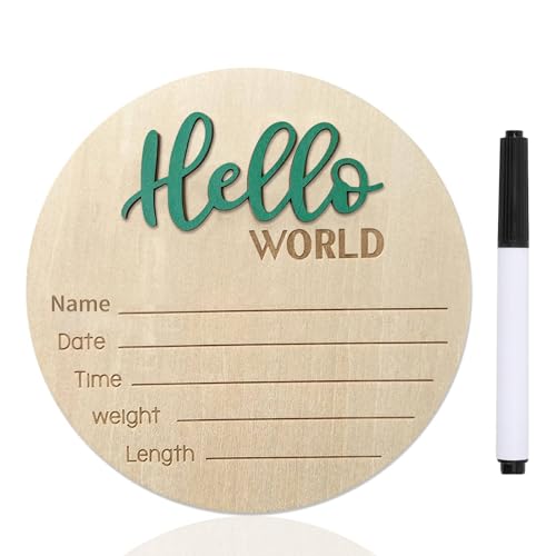 Image of Baby Announcement Sign, ​5.9 Inch Wooden Hello World Newborn Signs, Birth Announcement Sign, Baby Shower Hospital Nursery for Newborn Boys and Girls (Green,Pen)