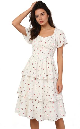Image of Belle Poque Women's Vintage Square Neck Dress 2026 Summer Short Sleeve Layered Tiered Ruffle A-line Swing Midi Dress