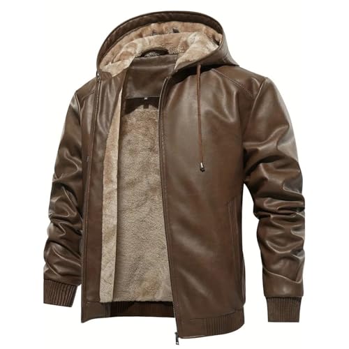 Generisch Lederjacke Herren Echtleder,Lederjacke Herren Echtleder Winter Vintage Mit Kapuze Und Taschen Fell Jacke Mode Retro Biker Slim Fit Männer Motorrad Casual Winterjacke Ledermantel
