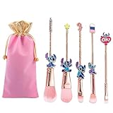 HTPARY 5Pcs Stitch Makeup Brush Set, Pink Stitch Theme Cosmetic Brushes for Powder Eyeshadow Blushes Lips Portable Makeup Brush Set, Lovely Stitch Gifts for Girl Women