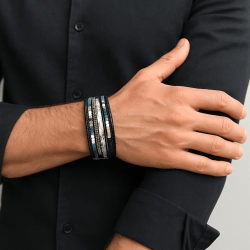 Image of THE MEN THING Leather Bracelet for Men - American Style Genuine Leather Multi-Layer Braided Bracelet with 100% Stainless Steel Magnetic Buckle for Men & Boys (8 inch)