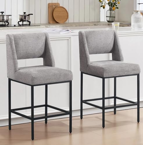 Image of Zesthouse Upholstered Counter Height Stools Set of 2, 26 inch Oversized Bar Stools with Wide Back, Metal Barstools Heavy Duty 300 Lbs, Modern Counter Height Chairs for Kitchen Island, Gray Linen Fabric
