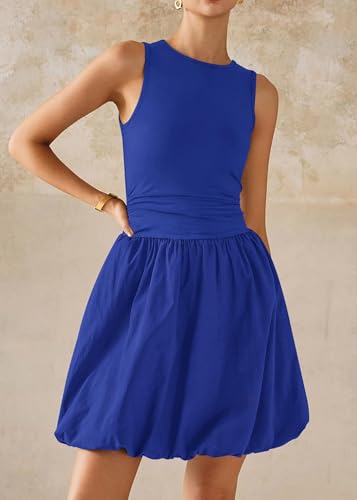 Image of KIRUNDO Summer Dresses for Women 2026 Cute Mini Sleeveless Bubble Dress | Stretchy Ruched Front Cinched Waist, Woven Balloon Skirt, Crewneck Tank Sundress With Pockets, Casual Party Vacation Outfits