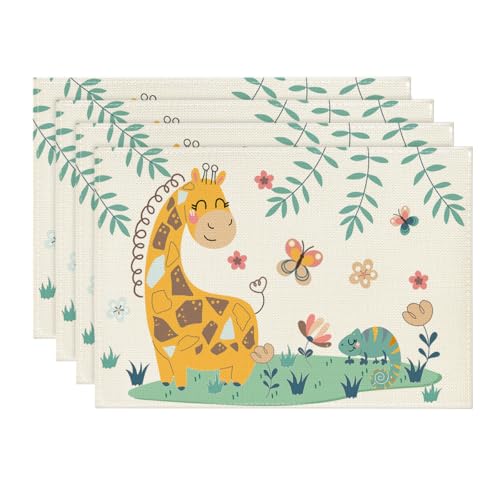 Artoid Mode Juego de 4 manteles individuales lavables, 30 x 45 cm, diseño infantil de selva con jirafa y mariposa, para cocina, fiestas y decoración