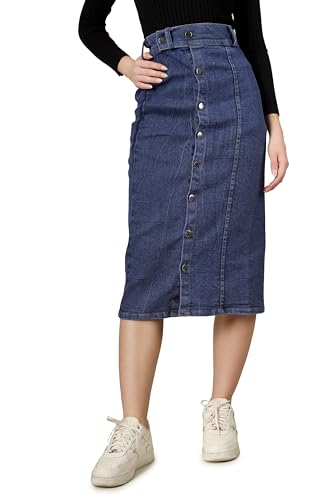 Image of Western Straight Stylish Comfortable Long Two Button Up Slit Dobby Denim Skirt for Women & Girls