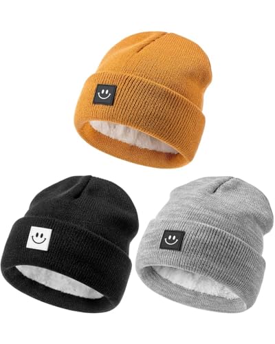 Hispeka Baby Beanie Hat 3 Packs with Cute Smiley Face, Toddler Girls Boys Baby Hats Winter, Kids Winter Hat Cold Weather Camel & Black & Light Grey