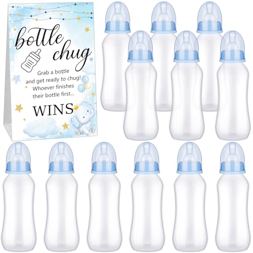 TrelaCo Cool Baby Shower Games Sets 12 Pcs Feeding Bottles with 1 Bottle Chug Sign for Gender Reveal Baby Shower Party Favors Decoration Games(Elephant,Blue)