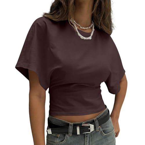 Women Summer Tops Short Sleeve Crew Neck T Shirts Spring Trendy Fashion Outfits Travel Beach Vacation Blouses Clothes Brown