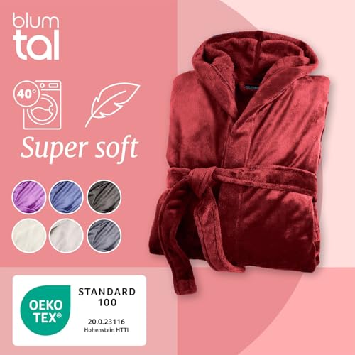 Blumtal Bademantel Damen & Herren XS - OEKO-TEX zert. Morgenmantel inkl. Doppelschlaufen für perfekte Passform - mit Kapuze Mikrofaser Dunkelrot