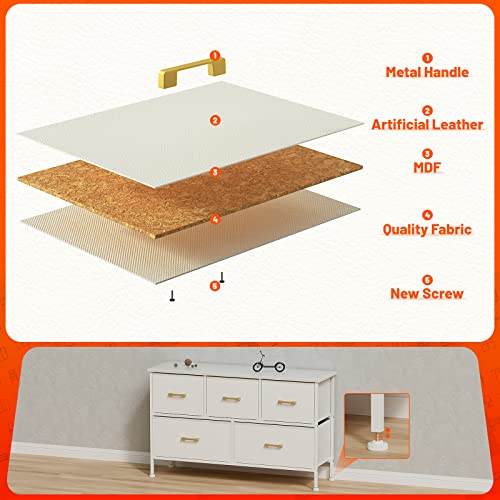 Yilqqper Dresser For Bedroom With 5 Drawers, White Dresser For Closet, Living Room, Tv Stand, Nursery, Chest Of Drawers With Sturdy Steel Frame, Leather Finish, Wood Top (Glacier White) #TOP4