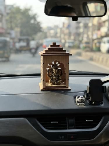 Image of Handcrafted Wooden Car Dashboard Temple, Walnut Finish, Laser-Cut Om Floral Design, MDF Mandir for Car Interior (Arch Temple Golden Oak Finish)