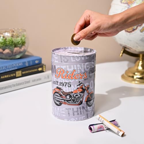 Image of Market99 Round Money Bank | Grey Tin Coin Bank with Glossy Finish & Inspiring Quote Pattern | Cute & Durable Piggy Bank for Kids, Adults, Office Desk & Home Decor | Ideal Gift Option