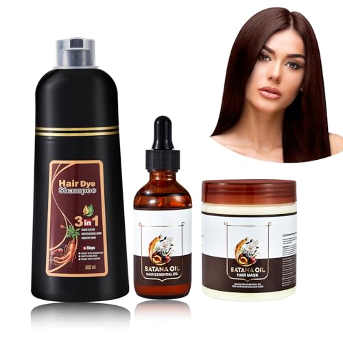 Braun Shampoing de coloration pour cheveux 500 ml + 50 ml d'huile de batana + masque de 300 g, shampooing anti-gris, kit de soins capillaires unisexe