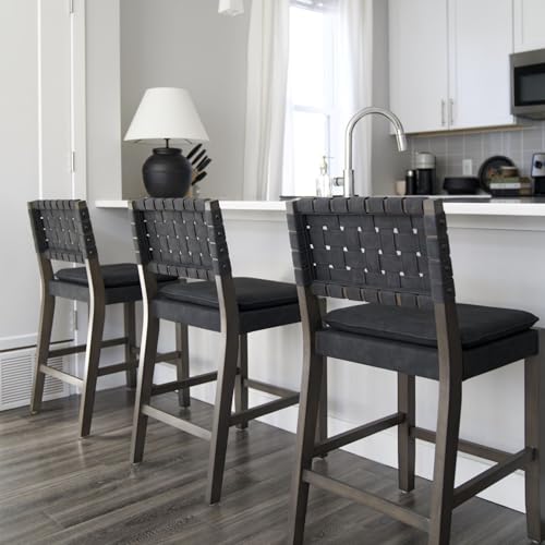 Image of Nathan James Cohen Mid-Century Modern Suede Bar Stool, Counter Height Chair in Solid Wood Frame with Footrest and Woven Suede Back for Kitchen, Black