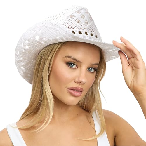 Image of DRESHOW Straw Cowboy Cowgirl Hat for Women Men Western Coastal Cowboy Beach Hat with Shapeable Brim Unisex Rolled up Caps