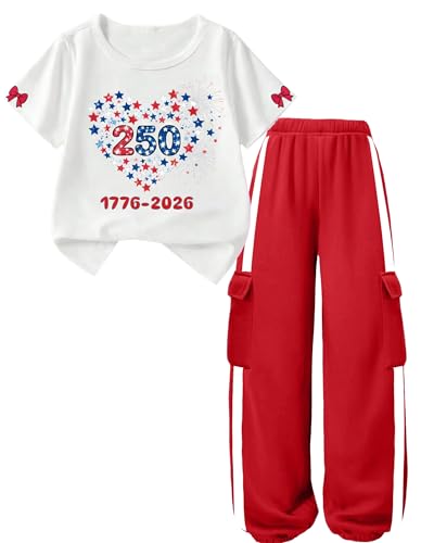 Image of Girls 2 Piece Outfit, Graphic Short Sleeve T-Shirt and Cargo Jogger Sweatpants Set, Ages 4-13