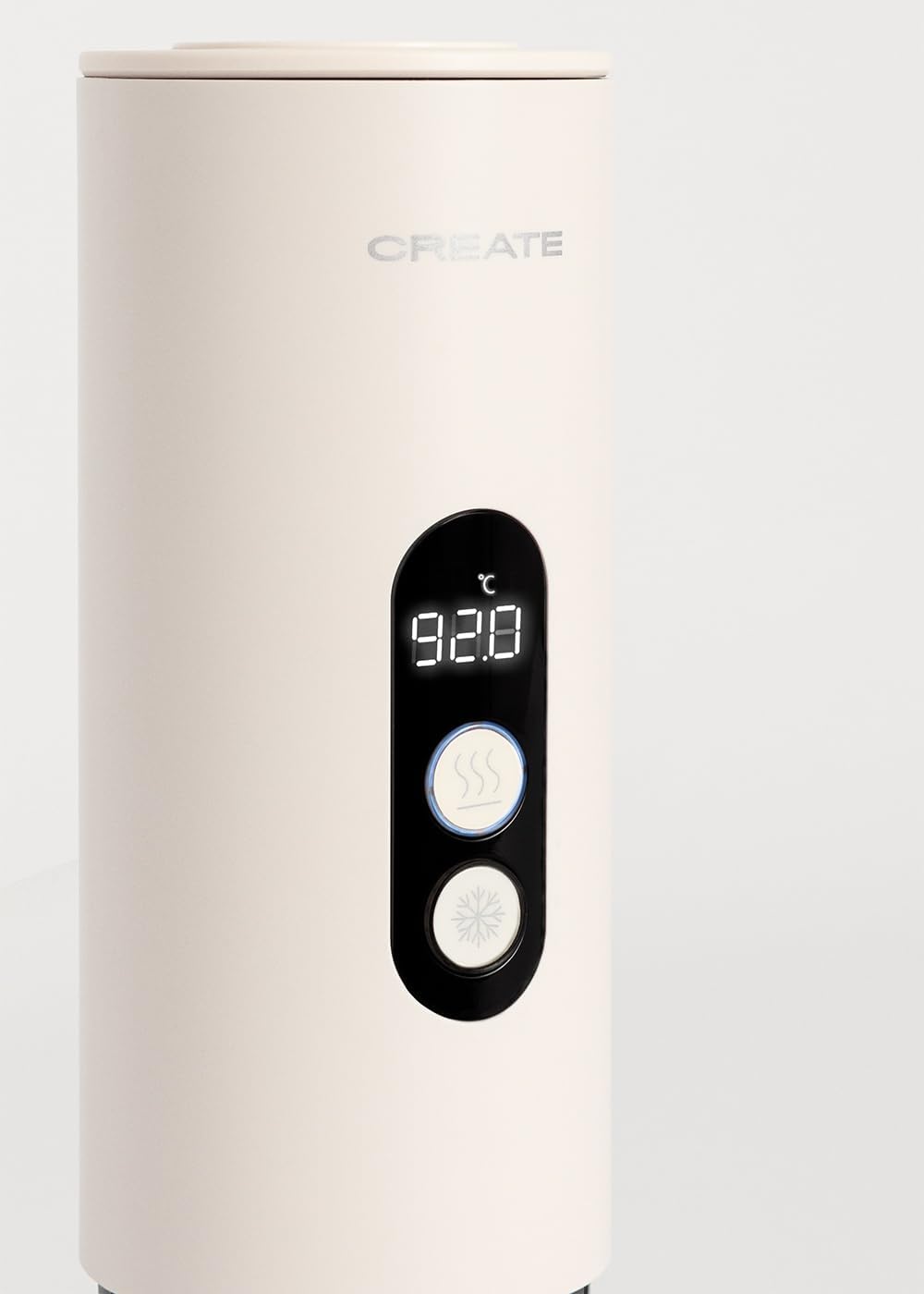 Close-up of the CREATE THERA MOVE control panel showing a digital temperature display and two buttons, one for hot brew and one for cold brew.