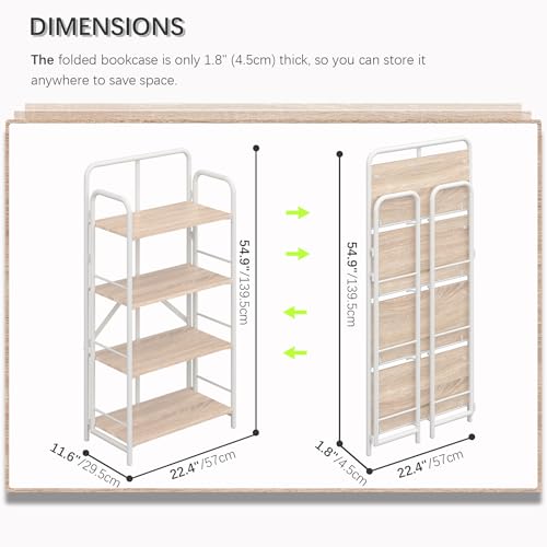 Image of 4NM No Assembly Folding Bookshelf, 4 Tiers Collapsible Book Shelves Open Industrial Foldable Storage Bookcase Shelf for Bedroom, Living Room, Home Office - Natural and White