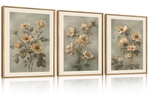 Image of KAIRNE Vintage Botanical Flower Framed Canvas Wall Art Set,Boho Green Beige Floral Wall Decor,Rustic Wildflower Art Prints,Modern Minimalist Artwork for Living Room,Bedroom,Farmhouse,Office-12 x16 x3