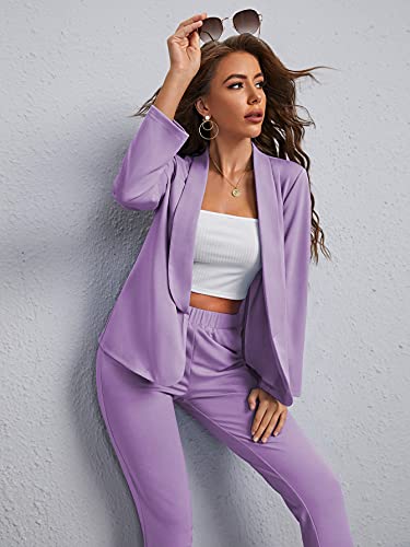 Shein Women's Open Front Solid Blazer Two Piece Slant Pocket Pants Set Outfits Lilac Purple Large #TOP2