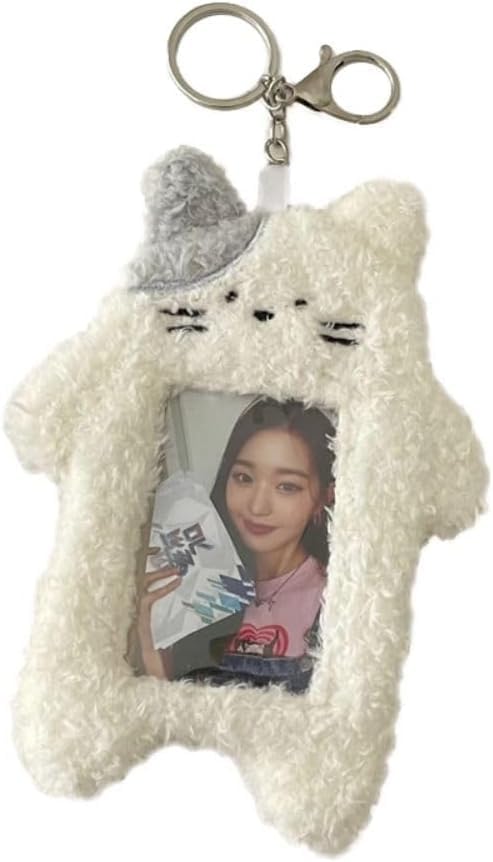 Yjemle White Cartoon Plush Cat Photocard Holder with Keychain Pendant, Kawaii Cat Cute Card Sleeve - Image 2
