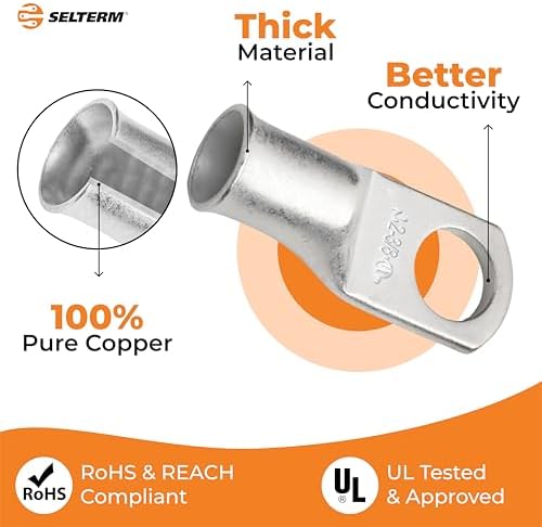 SELTERM 10pcs 2 AWG-3/8 Stud Tinned Copper Wire Lugs, Heavy Duty Battery Cable Ends,2 Gauge Ring Terminals, UL Battery Lugs Marine Grade Copper Eyelets Electrical Battery Terminal Connectors - 2