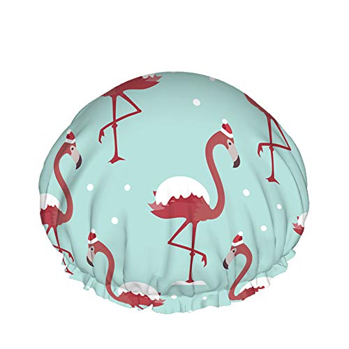 Flamingo In Red Hat Cuffia da doccia da bagno Motivo natalizio Neve Animali esotici Uccelli divertenti Cuffia da doccia per donna DoubleBathing Shower Hat Protezione dei capelli Riutilizzabile