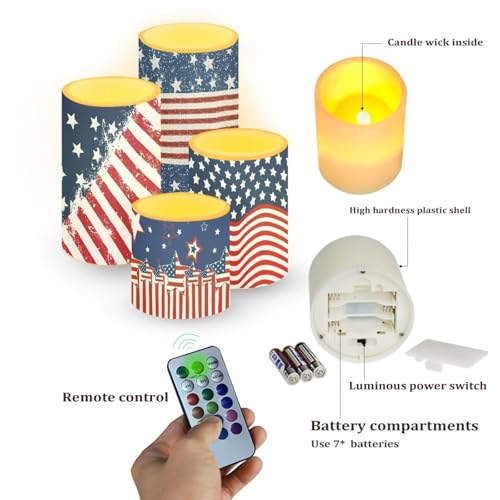 Image of Patriotic American Flag LED Candles with Remote Timer Color Changing Control for July 4th Independence Memorial Day Decoration Set of 4 Flameless LED Candles